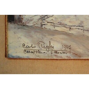 ANTICO QUADRO Carlo Righi PAESAGGIO Engadina St. Moritz Champ Fér 1967 NEVE  