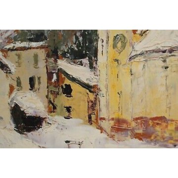 ANTICO QUADRO Carlo Righi PAESAGGIO Engadina St. Moritz Champ Fér 1967 NEVE  