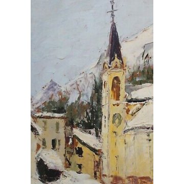 ANTICO QUADRO Carlo Righi PAESAGGIO Engadina St. Moritz Champ Fér 1967 NEVE  