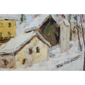 ANTICO QUADRO Carlo Righi PAESAGGIO Engadina St. Moritz Champ Fér 1967 NEVE  