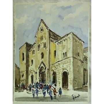 DIPINTO ACQUERELLO Antonello Zecca PAESAGGIO VEDUTA BARI BASILICA San Nicola