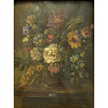 ANTICO DIPINTO OLIO FIORI MINIATURA CORNICE DECORATA INIZIO 900 OLD PITTORE BEVI