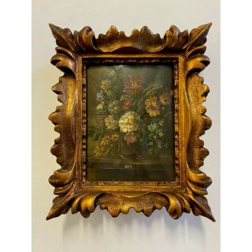 ANTICO DIPINTO OLIO FIORI MINIATURA CORNICE DECORATA INIZIO 900 OLD PITTORE BEVI