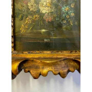 ANTICO DIPINTO OLIO FIORI MINIATURA CORNICE DECORATA INIZIO 900 OLD PITTORE BEVI