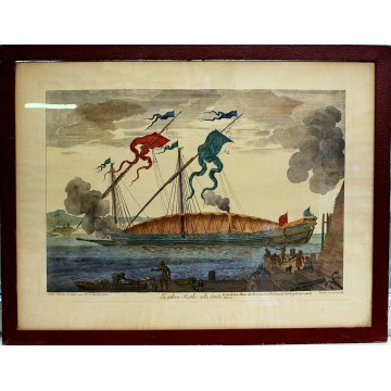 ANTICA INCISIONE LITOGRAFIA ACQUERELLATA La Galere Reale ala fonde 