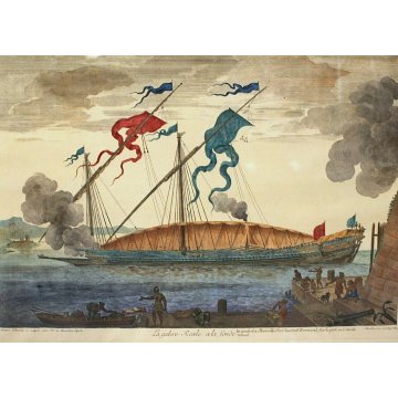 ANTICA INCISIONE LITOGRAFIA ACQUERELLATA La Galere Reale ala fonde 