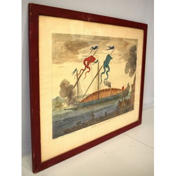 ANTICA INCISIONE LITOGRAFIA ACQUERELLATA La Galere Reale ala fonde 