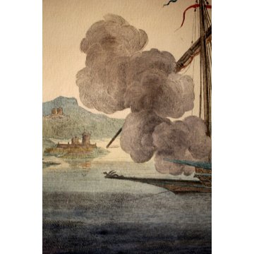 ANTICA INCISIONE LITOGRAFIA ACQUERELLATA La Galere Reale ala fonde 