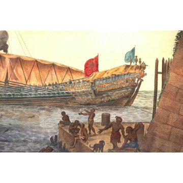 ANTICA INCISIONE LITOGRAFIA ACQUERELLATA La Galere Reale ala fonde 