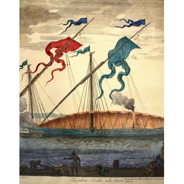 ANTICA INCISIONE LITOGRAFIA ACQUERELLATA La Galere Reale ala fonde 
