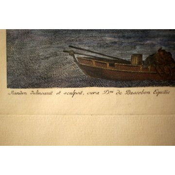 ANTICA INCISIONE LITOGRAFIA ACQUERELLATA La Galere Reale ala fonde 