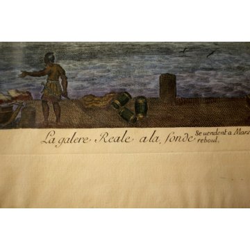 ANTICA INCISIONE LITOGRAFIA ACQUERELLATA La Galere Reale ala fonde 