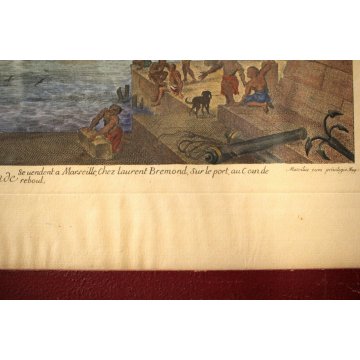 ANTICA INCISIONE LITOGRAFIA ACQUERELLATA La Galere Reale ala fonde 