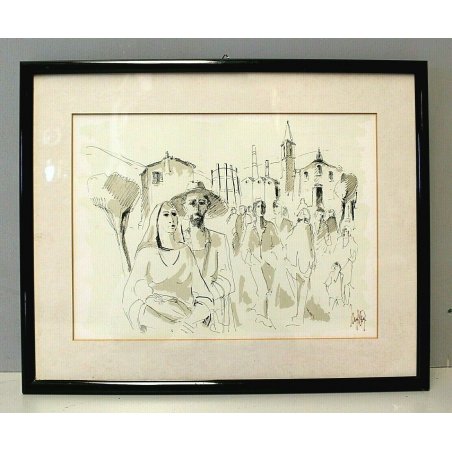 QUADRO DISEGNO CHINA ACQUERELLO CHIESA FOLLA BATTESIMO PAESAGGIO ITALIANO '900