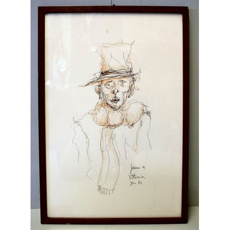 QUADRO DISEGNO SCHIZZO Gianni Castagneto RITRATTO UOMO CILINDRO SCIARPA TORINO