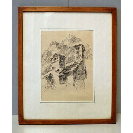 QUADRO DISEGNO SCHIZZO Alessandro Giozza SCORCIO BAITA MONTAGNE DOMODOSSOLA '900