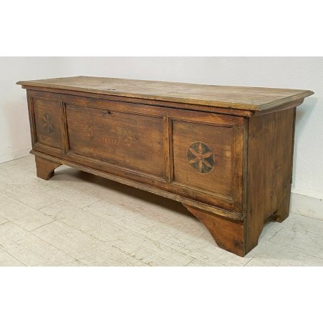 ANTICA CASSAPANCA DIPINTA VALDOSTANA 1800 LEGNO ABETE MASSELLO EPOCA PANCA BAULE