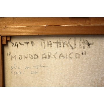DIPINTO OLIO TELA Xante Battaglia "Mondo Arcaico" FIGURE PAESAGGIO ASTRATTO 1979