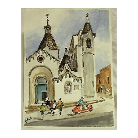 DIPINTO ACQUERELLO A. Zecca PAESAGGIO VEDUTA ALBEROBELLO CHIESA Sant' Antonio