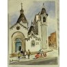 DIPINTO ACQUERELLO A. Zecca PAESAGGIO VEDUTA ALBEROBELLO CHIESA Sant' Antonio