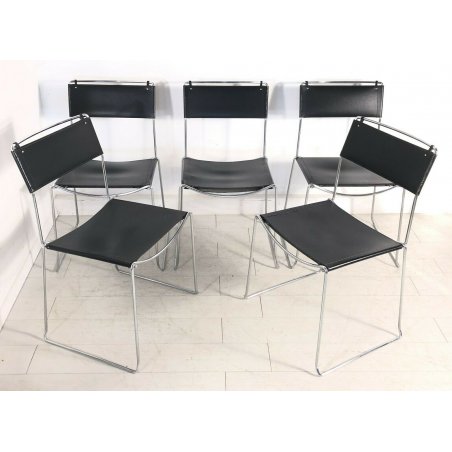 SET 5 SEDIA DESIGN Enzo Mari "Delfina" 1979 IMPILABILE DA PRANZO CUOIO ACCIAIO