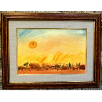 PICCOLO QUADRO DIPINTO Rita Gallé 1987 ACQUERELLO PAESAGGIO DESERTO GIALLO SOLE