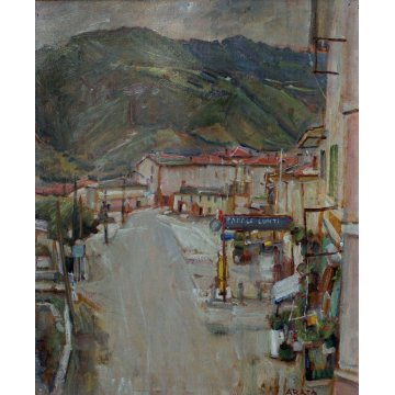 QUADRO DIPINTO OLIO TAVOLA Francesco Arata CHIARISTA STRADA PAESE MONTAGNE '900