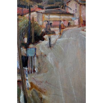 QUADRO DIPINTO OLIO TAVOLA Francesco Arata CHIARISTA STRADA PAESE MONTAGNE '900