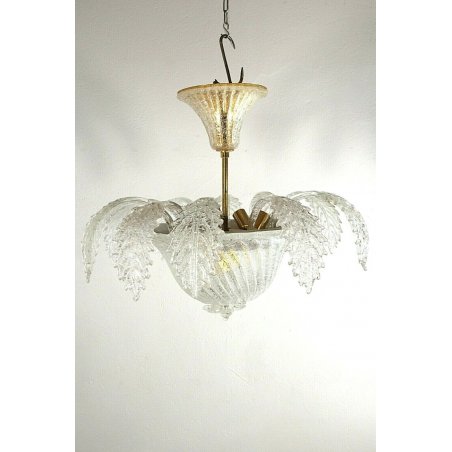 LAMPADARIO SOSPENSIONE VETRO MURANO TRASPARENTE ORO FOGLIE D'ACANTO 4 LUMI '900