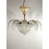 LAMPADARIO SOSPENSIONE VETRO MURANO TRASPARENTE ORO FOGLIE D'ACANTO 4 LUMI '900