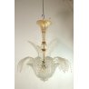 LAMPADARIO SOSPENSIONE VETRO MURANO TRASPARENTE ORO FOGLIE D'ACANTO 4 LUMI '900