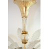 LAMPADARIO SOSPENSIONE VETRO MURANO TRASPARENTE ORO FOGLIE D'ACANTO 4 LUMI '900