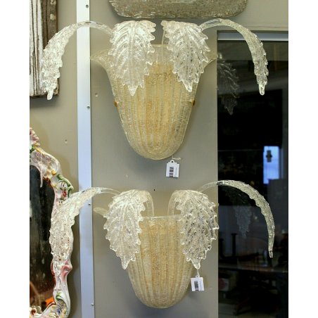 COPPIA DI APPLIQUE in VETRO MURANO TRASPARENTE ORO FOGLIE D'ACANTO 2 LUMI '900