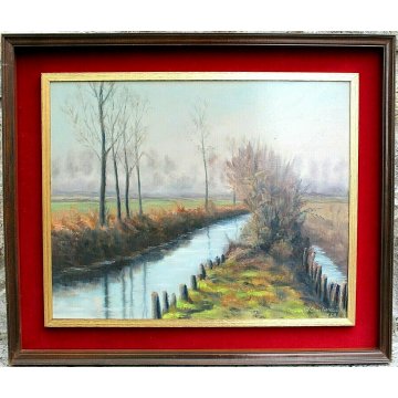 QUADRO PAESAGGIO DIPINTO OLIO TAVOLA Ignazio Lombardini NOVARA CANALE RISAIE '70