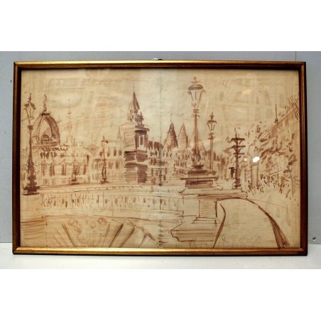 ANTICO ACQUERELLO DISEGNO SCHIZZO PAESAGGIO CITTà EUROPEA CITYSCAPE VIEW SKETCH 