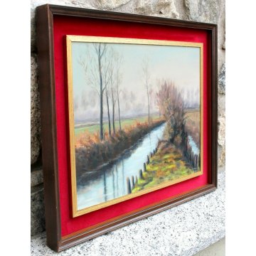 QUADRO PAESAGGIO DIPINTO OLIO TAVOLA Ignazio Lombardini NOVARA CANALE RISAIE '70