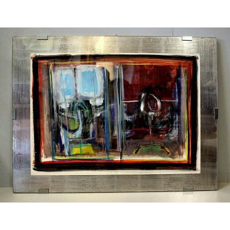 DIPINTO ASTRATTO POLICROMO TEMPERA CARTONCINO N. Pasquali 71 ARGENTO POSTMODERNO