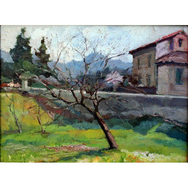 Antico Quadro Dipinto Olio Tavola Meta Campagna Albero Frutteto