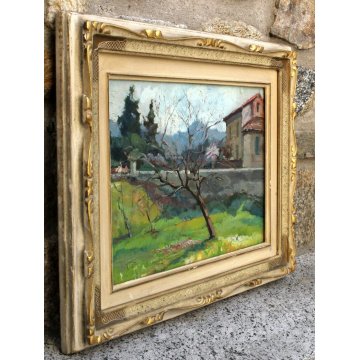 ANTICO QUADRO DIPINTO OLIO TAVOLA META' '900 CAMPAGNA ALBERO FRUTTETO CASALE 