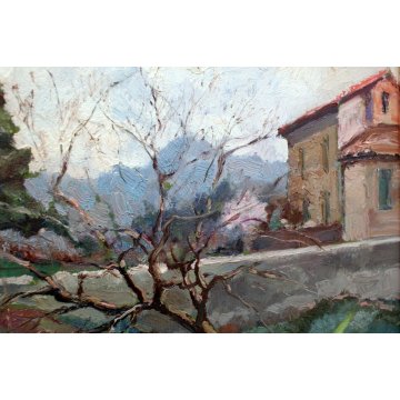 ANTICO QUADRO DIPINTO OLIO TAVOLA META' '900 CAMPAGNA ALBERO FRUTTETO CASALE 