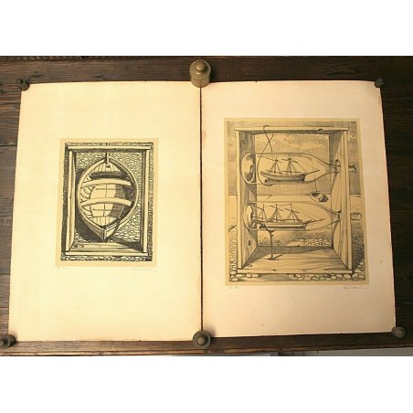 COPPIA STAMPA MULTIPLO 32/70 Lino Shenal DISEGNO MARINA BARCA BOTTIGLIA VELIERO