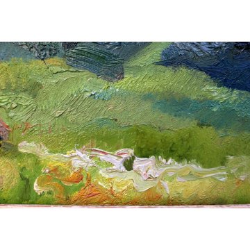 ANTICO QUADRO DIPINTO OLIO TAVOLA META' '900 CAMPAGNA ALBERO FRUTTETO CASALE 