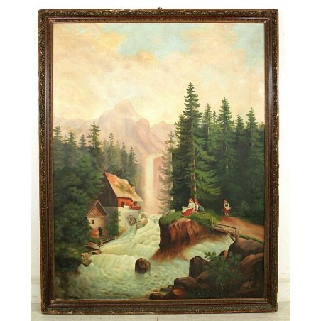 ANTICO GRANDE DIPINTO OLIO Gilda PAESAGGIO NAIF FIGURE CASCATA FORESTA MULINO