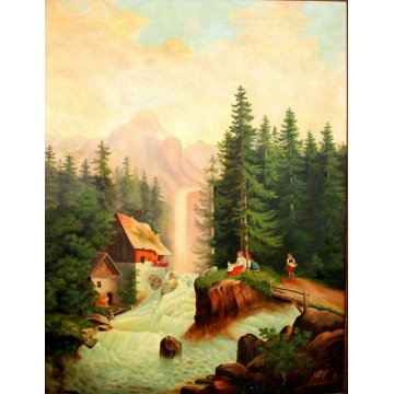 ANTICO GRANDE DIPINTO OLIO Gilda PAESAGGIO NAIF FIGURE CASCATA FORESTA MULINO