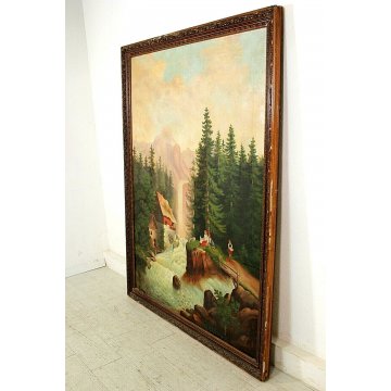 ANTICO GRANDE DIPINTO OLIO Gilda PAESAGGIO NAIF FIGURE CASCATA FORESTA MULINO