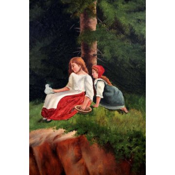 ANTICO GRANDE DIPINTO OLIO Gilda PAESAGGIO NAIF FIGURE CASCATA FORESTA MULINO