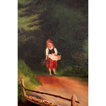 ANTICO GRANDE DIPINTO OLIO Gilda PAESAGGIO NAIF FIGURE CASCATA FORESTA MULINO
