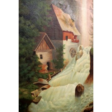 ANTICO GRANDE DIPINTO OLIO Gilda PAESAGGIO NAIF FIGURE CASCATA FORESTA MULINO