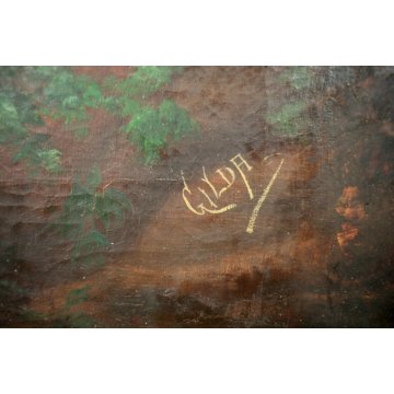 ANTICO GRANDE DIPINTO OLIO Gilda PAESAGGIO NAIF FIGURE CASCATA FORESTA MULINO