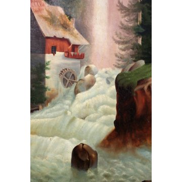ANTICO GRANDE DIPINTO OLIO Gilda PAESAGGIO NAIF FIGURE CASCATA FORESTA MULINO